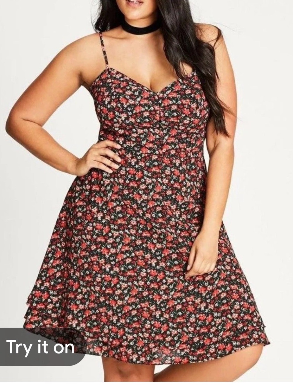 City Chic Black & Red Floral Skater Dress
